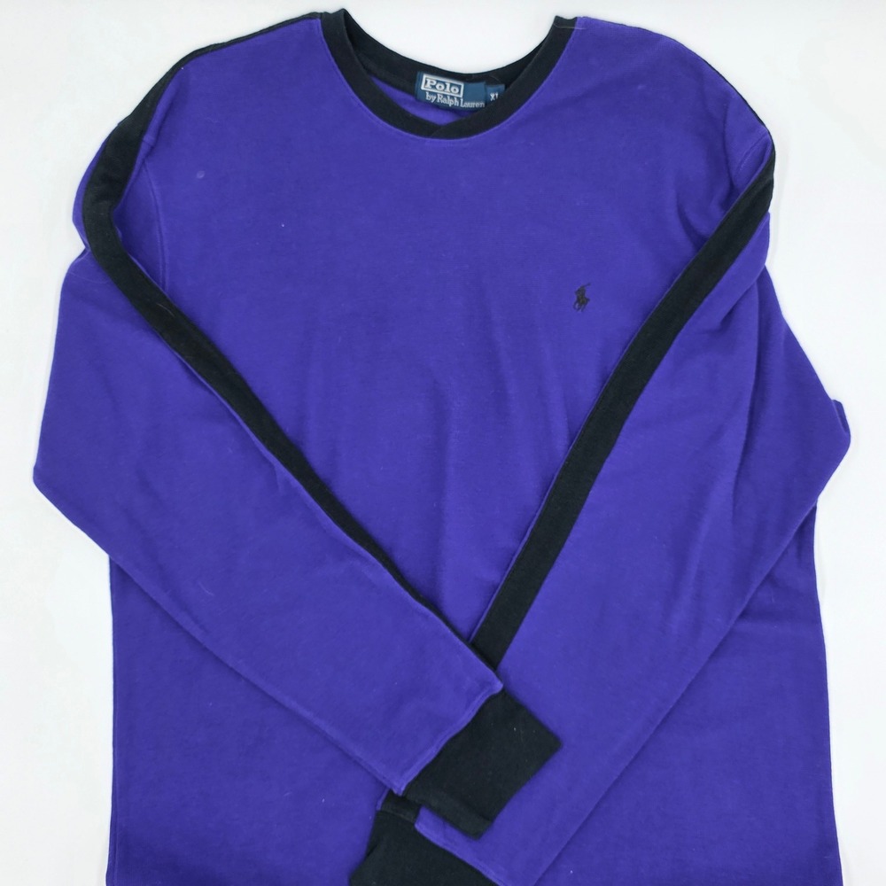 Polo Ralph Lauren Mens XL Purple Waffle Knit Thermal Racing Stripe Long Sleeve